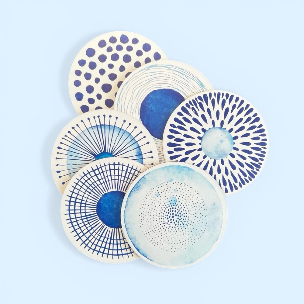 Modern Coasters Blue Pattern – Set of 6 | Wood Table Coasters